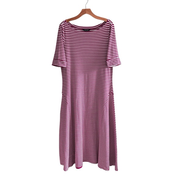 LAUREN RALPH LAUREN Striped Stretch Cotton Midi Size Xl Pink Fit & Flare - Picture 2 of 11